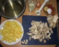 Add chopped oyster mushrooms and cut potatoes,...