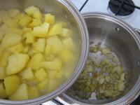 In a deep pot, cook in oil peeled and chopped...