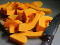 Remove upper hard skin and gouge pumpkin out. Cut...