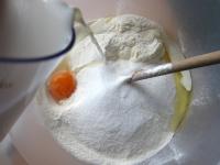 Sift the sugar into flour and add eggs and milk. ...