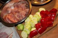 Cut chicken breast, peppers, bacon and onions into...