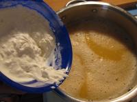 Mix flour with sour cream and add it to the soup....