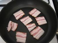 Cut the bacon into squares and fry in a pan....