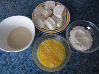 Coat pieces of cheese in flour, whipped egg,...