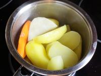 Clean the root vegetables, peel the potatoes, wash...