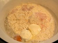 Put flour into the bowl, add eggs, cream, salt,...