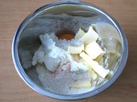 Chop butter into flour, add cottage cheese, egg...